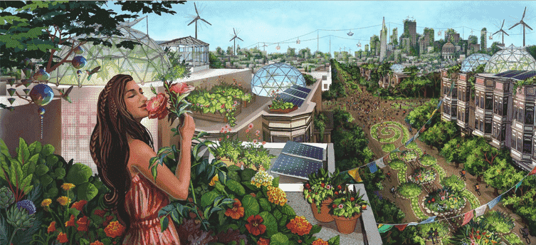 A drawing. In the foreground, it features a person with long brown hair wearing a red dress and smelling a flower. In the background, a green city with wind turbines, solar panels, and urban gardens.