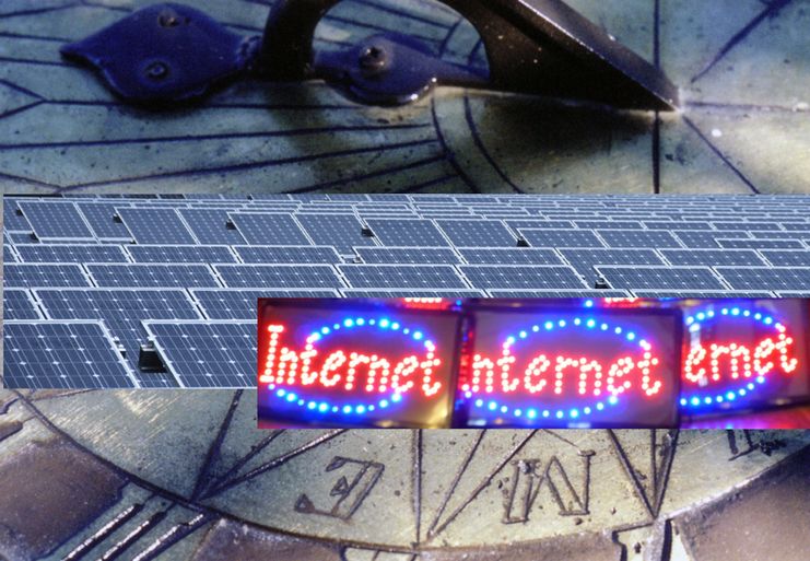 Solar panels and neon signs that read "Internet" superimposed on an image of a sun dial.